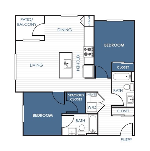 Floor plan for 2 beds, 2 baths, 1068 sqft